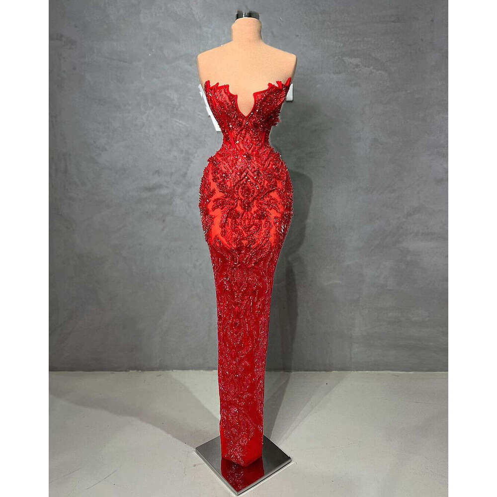 Red Mermaid Evening V Neck Sleeveless Sequins Beaded 3D Lace Train Folds Appliques Dias Pearls Prom Dresses Gowns