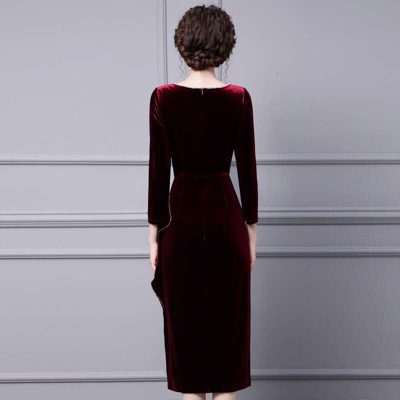 Golden Velvet Dress for Womens Autumn 2024 New Collection: Nail Diamond Lotus Leaf Edge Length Bottom Long Sleeve Hip Wrapping Skirt