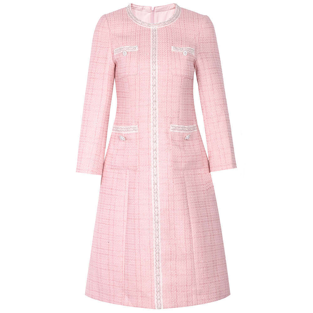 pink high-end socialite temperament handmade nail bead waist slimming coarse tweed dress 2024 autumn new item