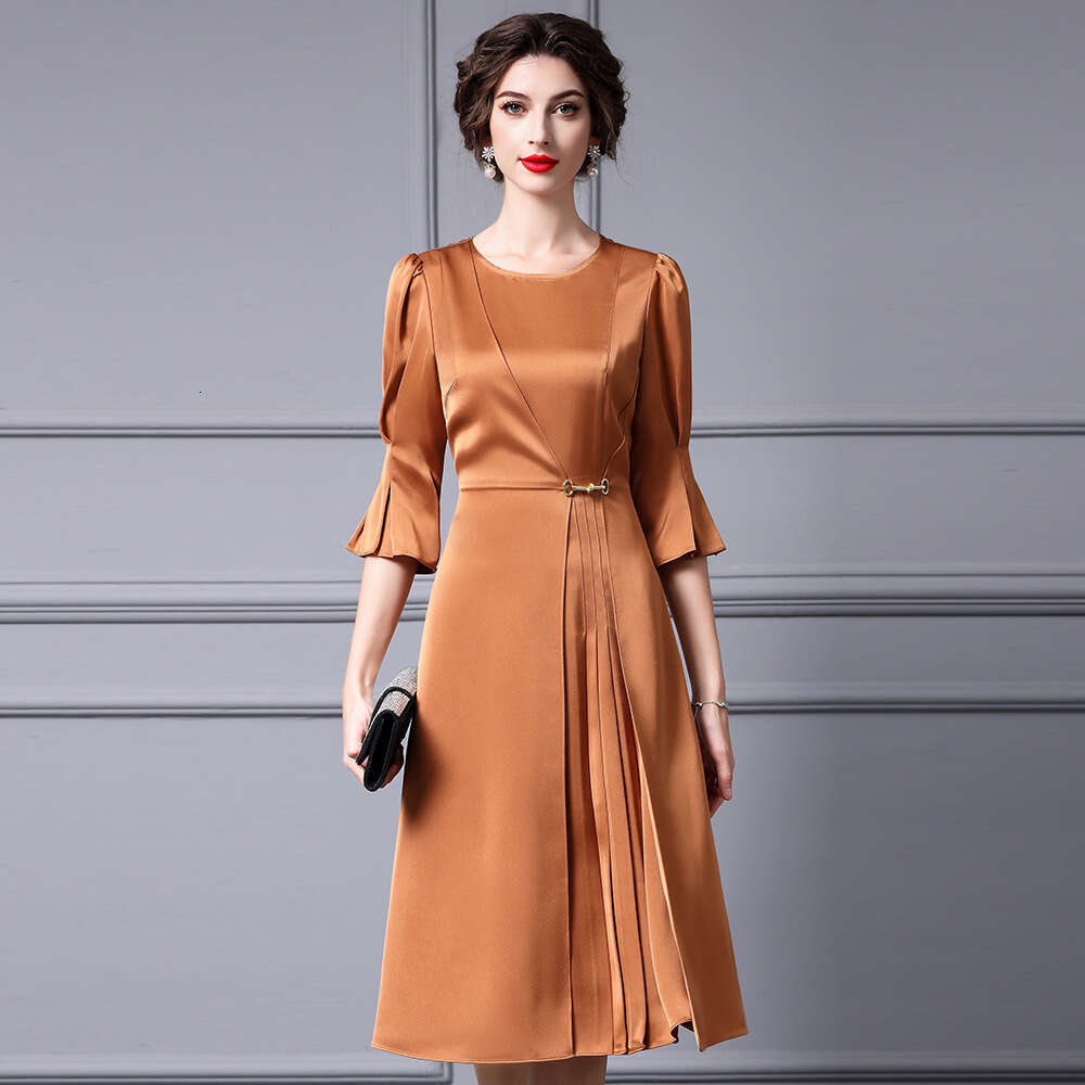 chic exquisite acetic acid dress high waist and slim flared sleeves A-line skirt with high-end feel autumn 2024 new product