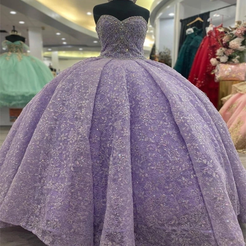 Lavande Quinceanera Dresses Off the Shoulder Sweet 16 Dress Sequin Applique Lace Beads Bow Tull Birthday Party Princess Vestidos De 15 Anos