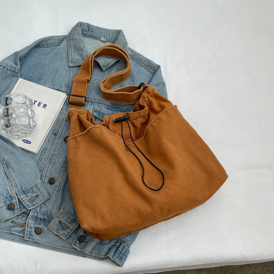 Womens solid canvas shoulder bag large capacity fabric cross body bag 100% cotton bag Korean style fabric bag 241008