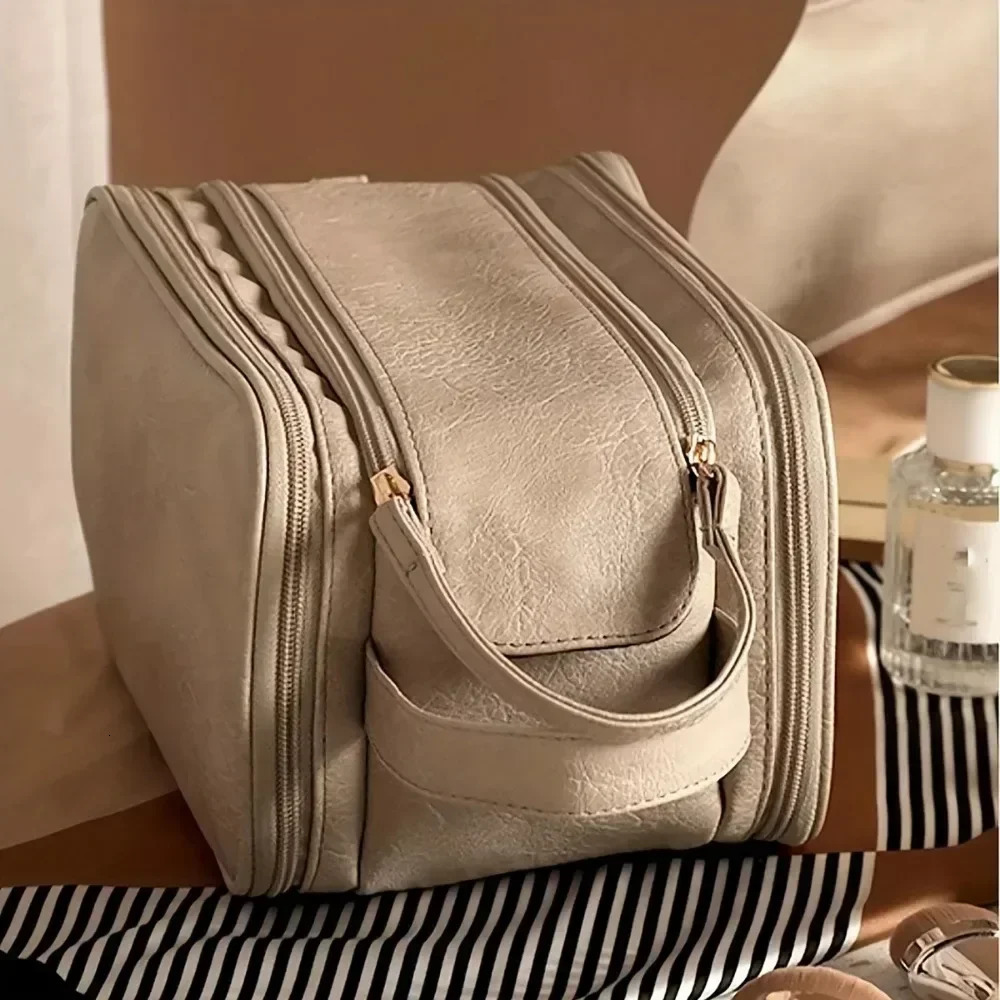 Womens Multi functional Makeup Bag PU Leather Large Capacity Portable Double Zipper Travel Makeup Brush Toilet Storage Bag 241007