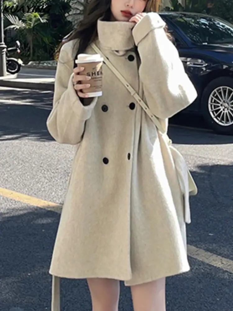 Autumn Winter Double Breasted Woolen Coat Female Casual Stand Collar Warm Outerwear Wearcoats Loose Commuting Wool Jacket 240930