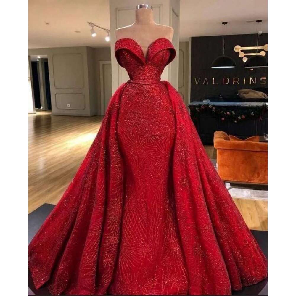 Sexy Sweetheart Sleeveless Mermaid Prom Dresses Sequined Lace Evening Party Gowns Custom Vestidos De Gala With Detachable Train