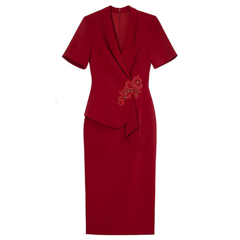 suit collar dress summer 2024 new high-end style embroidered bead wine red wrap skirt for children