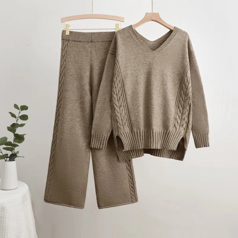 Casual Solid Knitted 2-piece Womens V-neck Long Sleeve Sweater Pullover Top Conjuntos High Waist Wide Leg Pants Set 241010