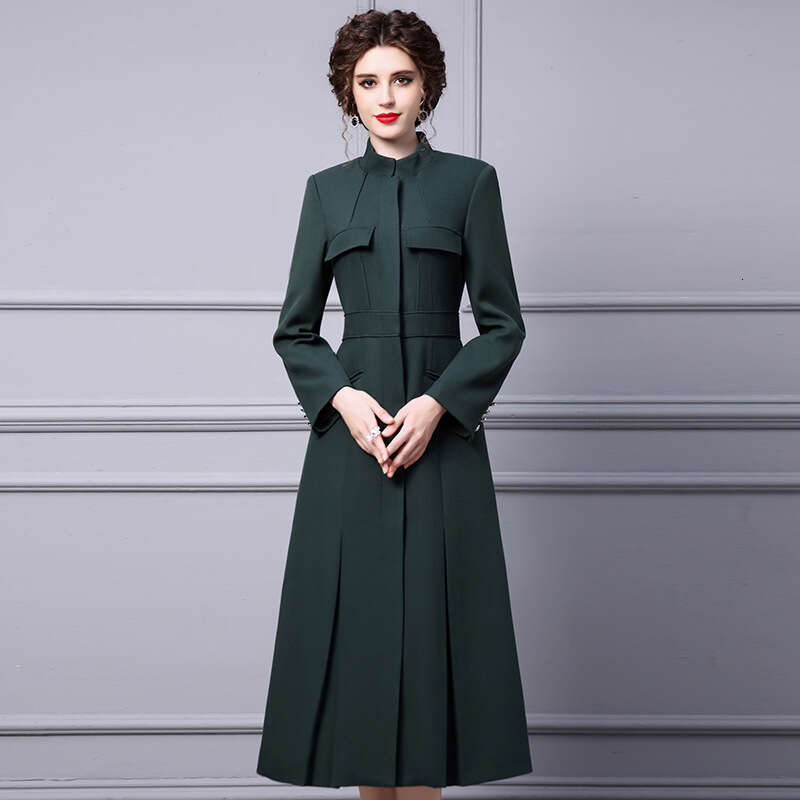 Thickened Autumn Dress 2024 Womens New High end Green Stand up Collar Waist cinching Skinny Long Coat Skirt