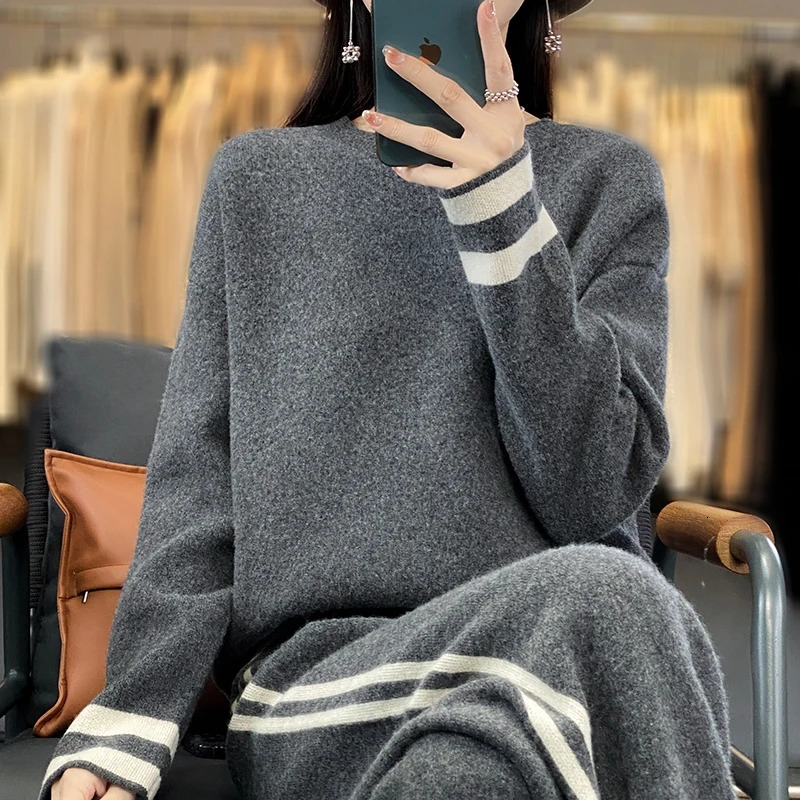 100% Merino wool set autumn and winter two-piece set womens round neck floral casual high waisted mens set 241010