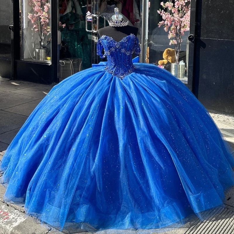 Royal Blue Shiny Quinceanera Dresses Beads Crystal Bow Tull Ball Gowns Vestidos De 15 Anos Off Shoulder Party Birthday Sweet 16 Dress