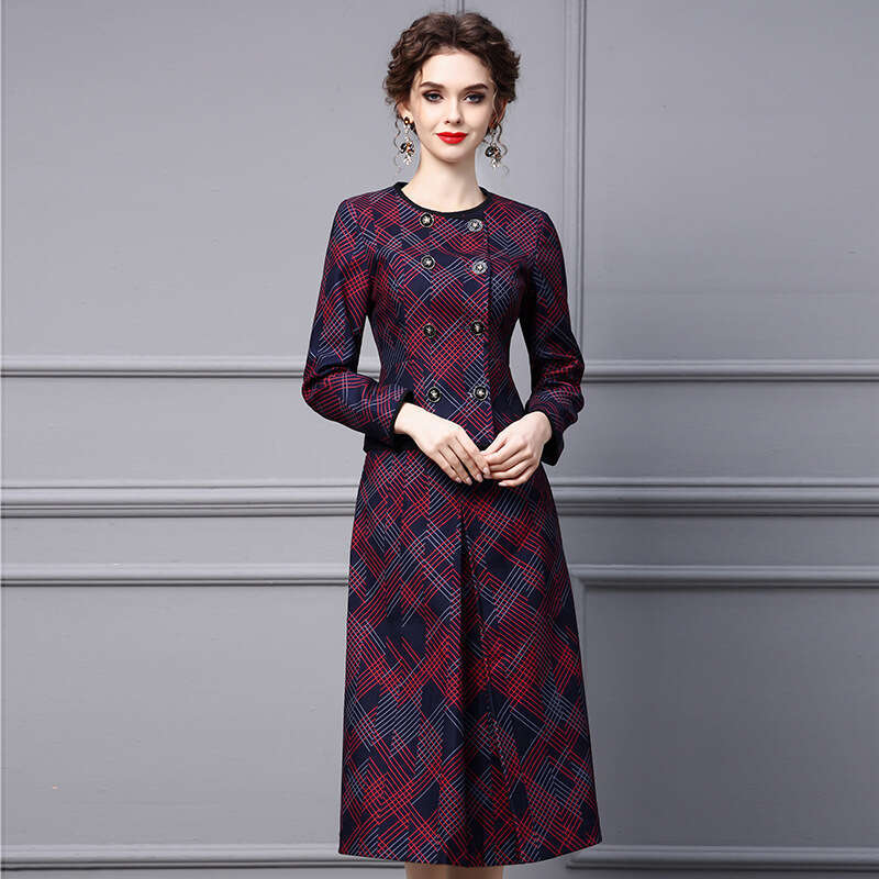 Fashion Skirt for Women 2024 Autumn New Collection with Grid Pattern Round Neck Waist Collection Long Sleeve Coat Two Piece Set