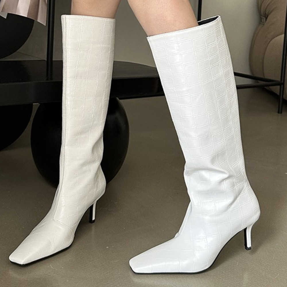 Winter Fashion Boots Square Head Thigh High Heel Boots White Knight Boots Crocodile Pattern Martin Boots Barrel Knee Boots 240826