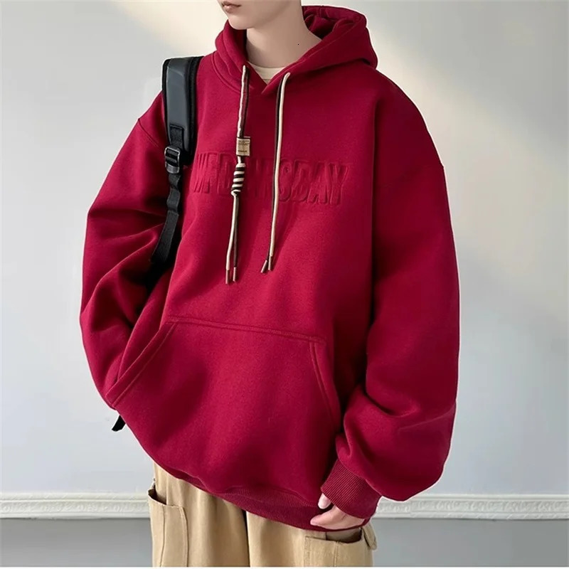 Letter Embossing Mens Hooded Sweatshirt Autumn High Street Fleece Pullover Hoodies Y2K Vintage Hoody Tracksuit 241011