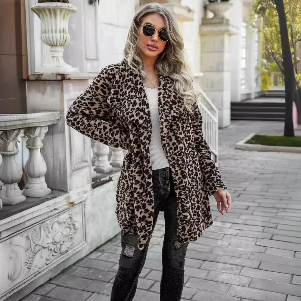 Leopard Print wool coat medium length jacket comfortable streetwear womens fashionable casual long sleeved autumn and winter 241007
