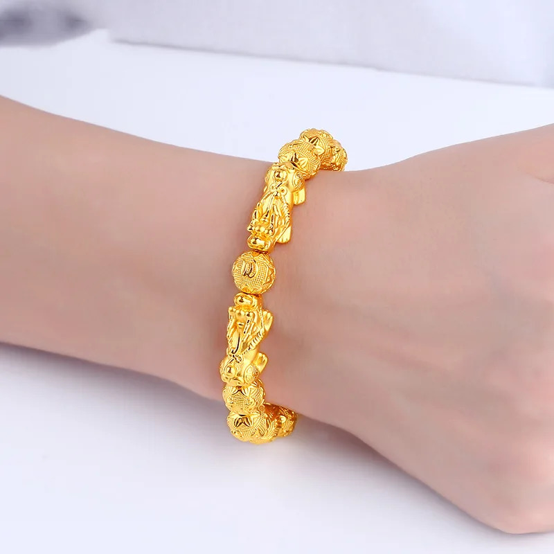 Fengshui Vietnam Shakin Pixiu Bracelet Natural Stone Gold Beads Carving Inscriptions Charm Lucky Wealth Bracelet Jewelry 241011