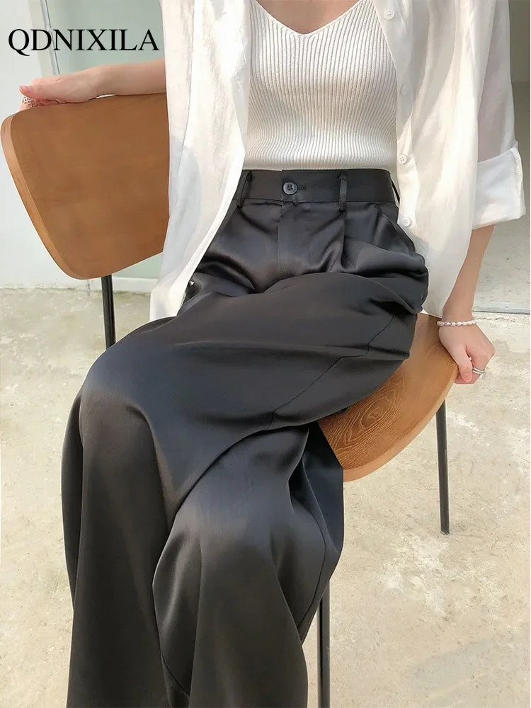 Ice silk Satin Womens Pants Wide Leg High Waist Casual Black Korean Fashion 2024 Spring Summer Suit for Women Trousers 241007