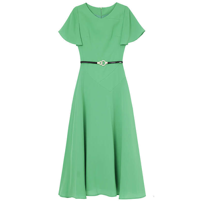 yellow dress 2024 new womens summer ruffled short sleeved mid to long style waist cinching slimming A-line skirt