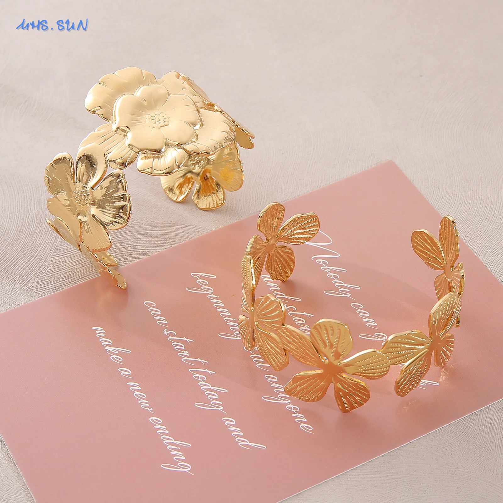 MHS. SUN elegant metal large flower wide opening bracelet suitable for women stainless steel gold-plated exquisite jewelry accessories 241007