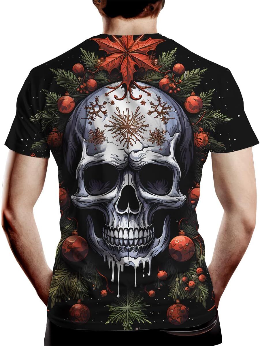 Mens T shirt Vintage Christmas Colorful Pattern Skeleton Cool Graphic T-Shirts Shirt Christmas Tree Skull Tee Top, Small, Red graphic tee Casual tops 