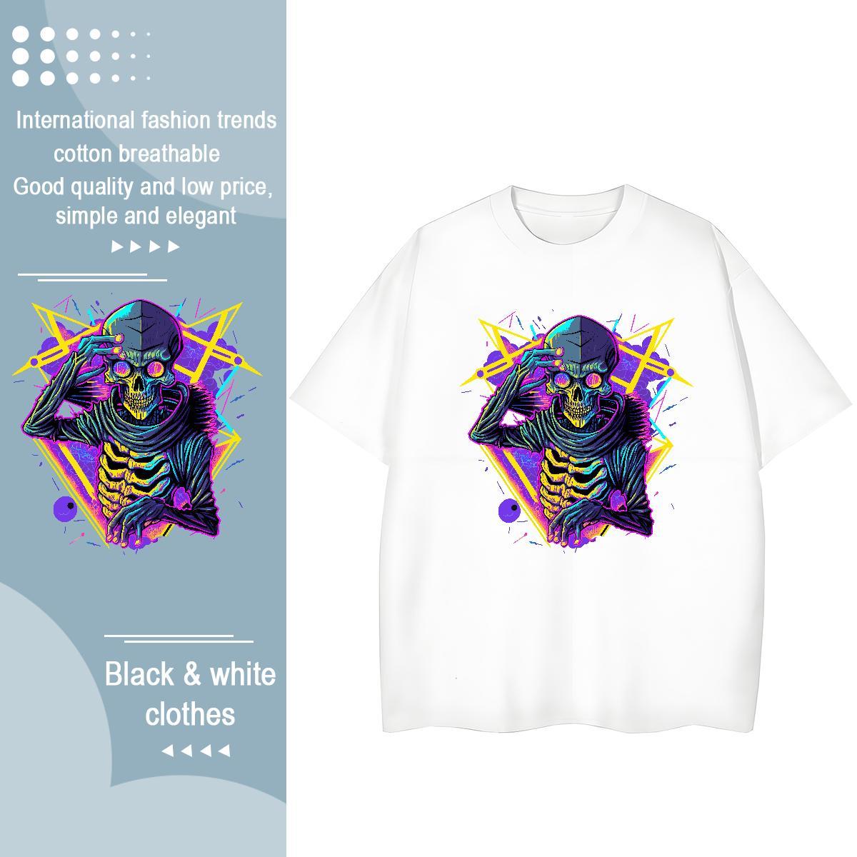 2024 T Shirt For Woman 230g 100% Cotton O Neck Short Sleeves Casual Daily Wear skull Women Tshirts Loose fit Anime Print Tops Tees