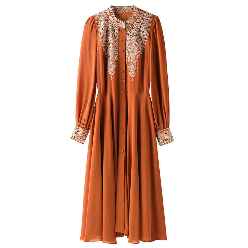 2024 Autumn New Dress Pear shaped Body Stand up Collar Embroidered to Cover the Stomach and Look Thin Long Sleeve Medium length Skirt