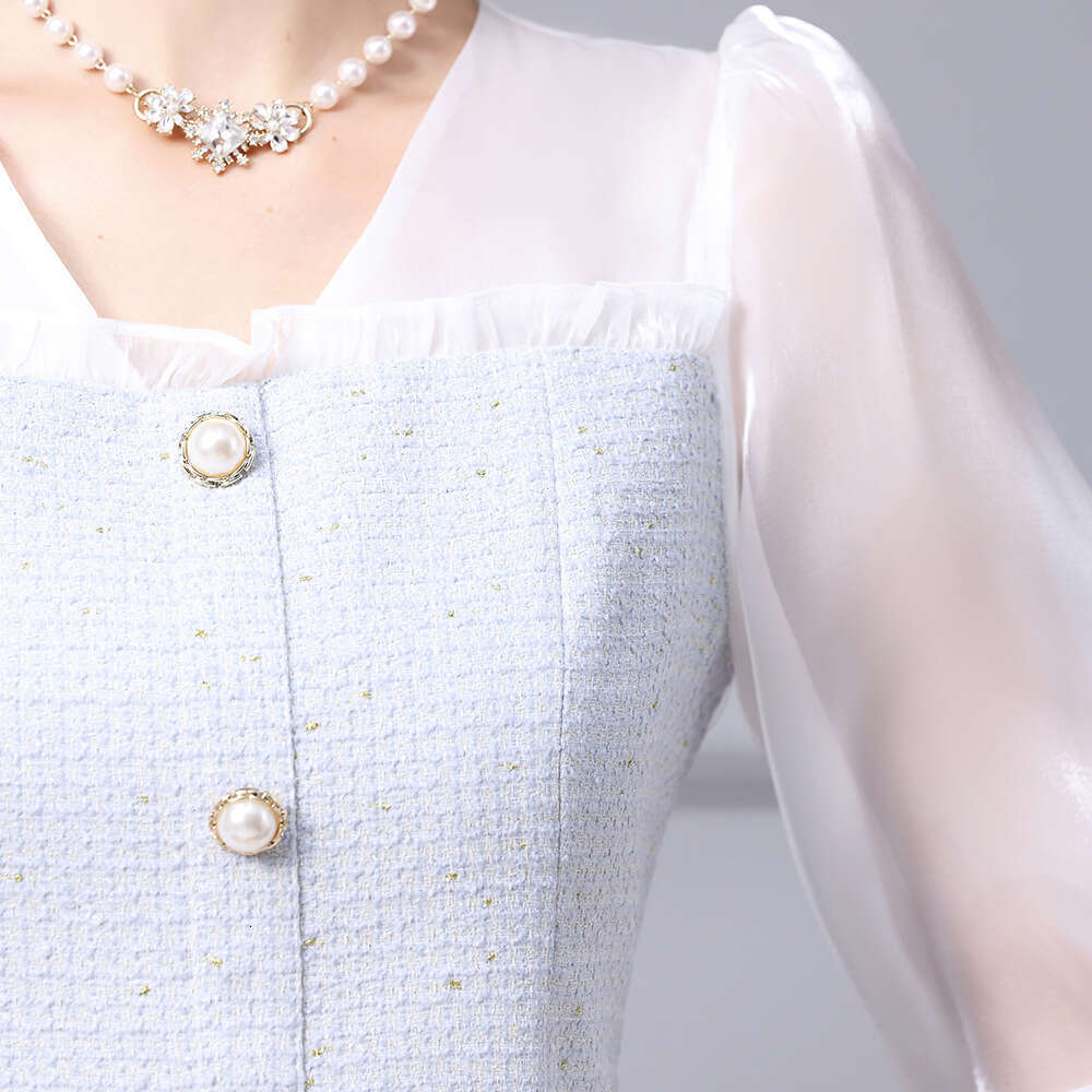 socialite lady style dress 2024 new V-neck bright silk long sleeved patchwork small chunky tweed skirt