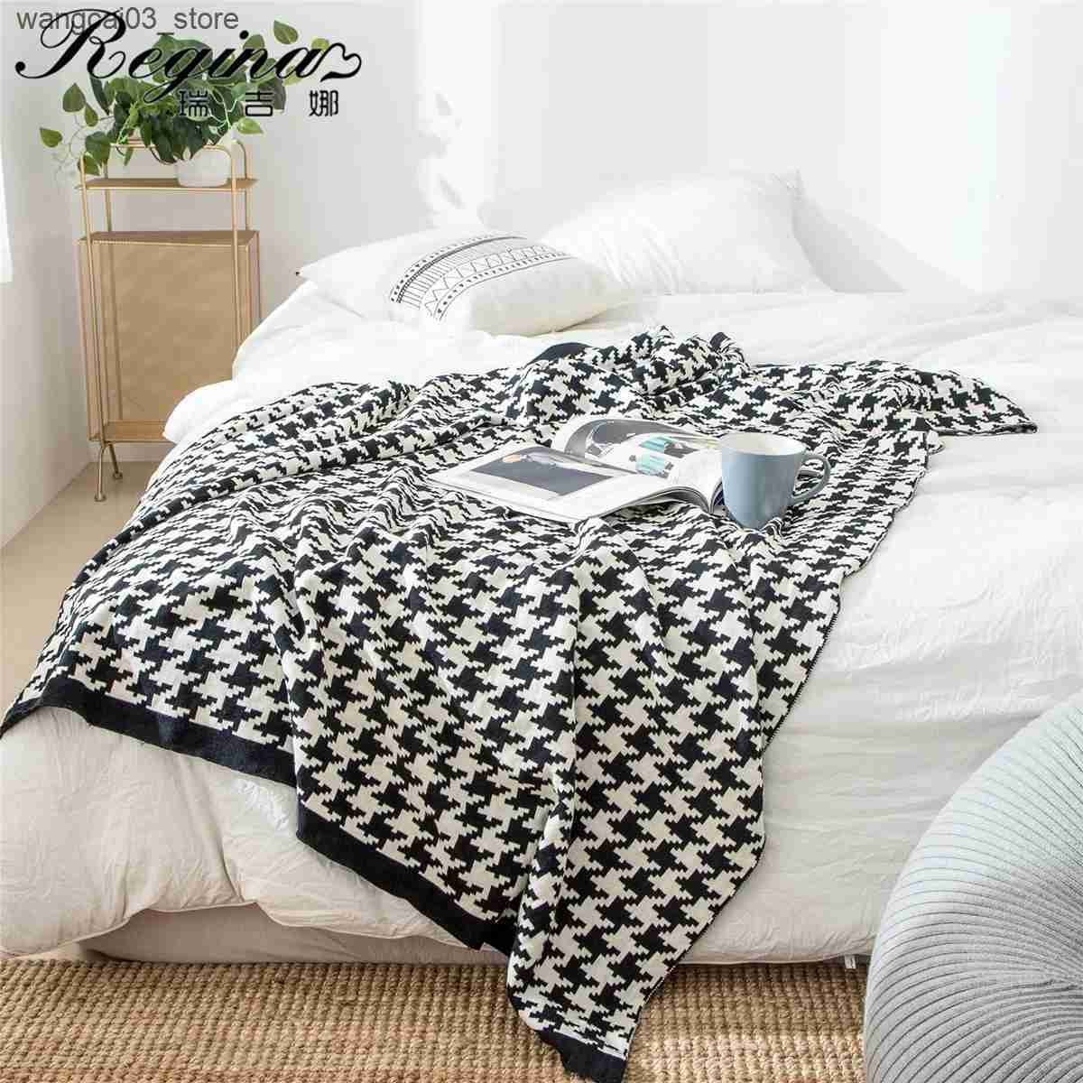 Blankets Swaddling REGINA Classic Houndstooth Plaid Blankets Soft Cotton Sofa Knitted Throw Blanket Bed Single Queen King Bedspread Quilt Blankets L24