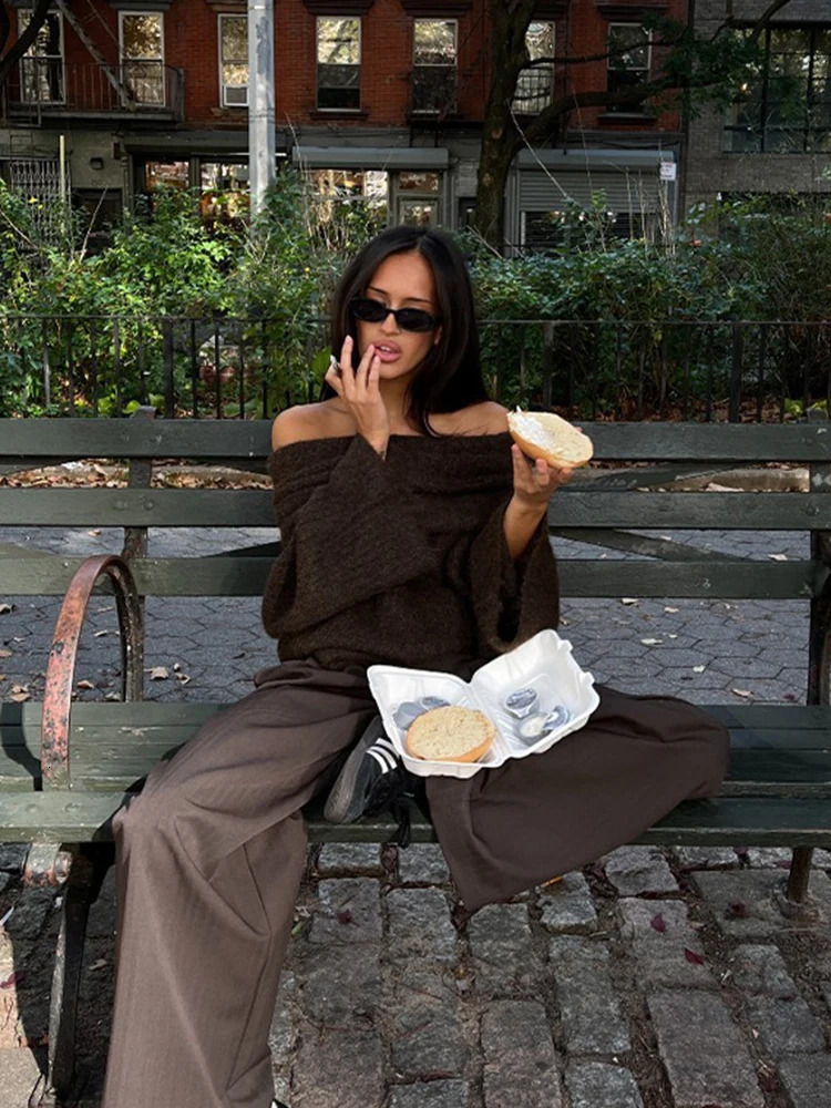 Women Fashion Sexy Solid Off Shoulder Sweater Elegant Chic Slash Neck Long Sleeve Jumper Autumn Ladies High Street Knitwear 241010