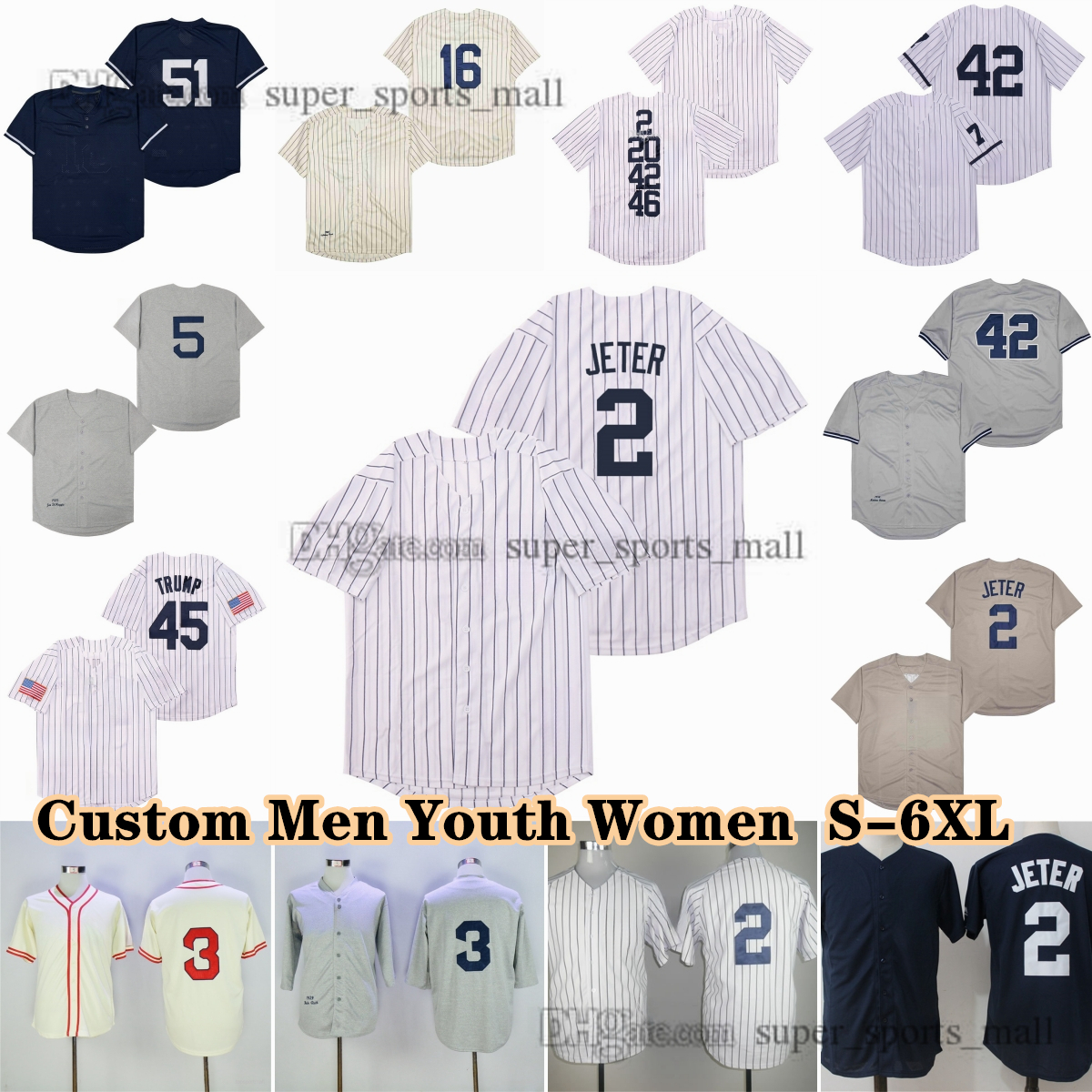 Custom S-6XL Vintage Baseball Jersey Jeter Gehrig Babe Ruth Lou GehrigJoe DiMaggio 1939 Mickey Mantle Yogi Berra Roger Maris Phil Rizzuto Headley Alex Rodriguez
