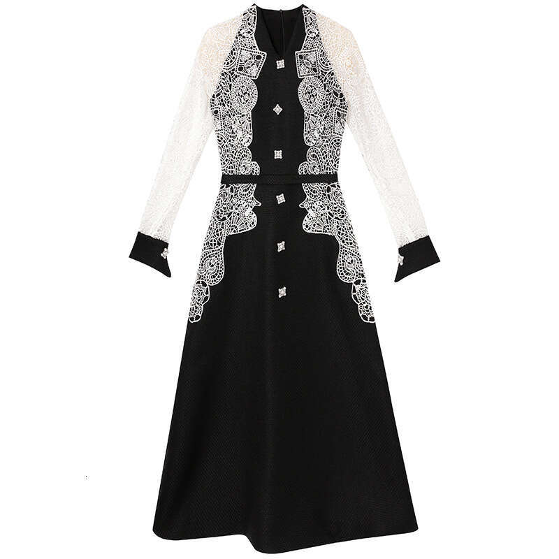 autumn women 2024 new high-end lace long sleeved slimming mid length A-line dress