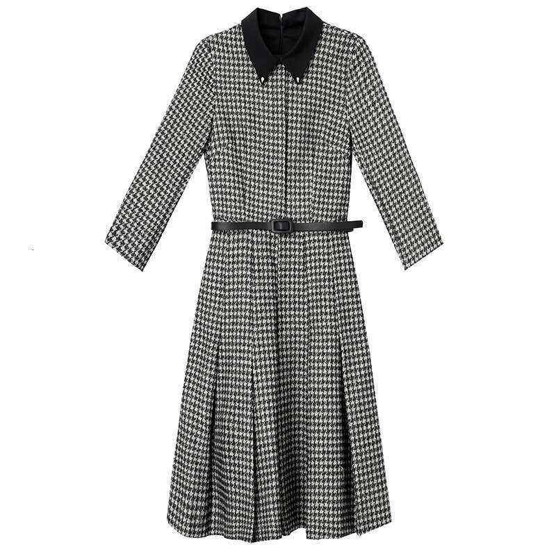 2024 Autumn Dress New Womens Chitose Grid Matching Coat Bottom Collar Long Sleeve Woolen A-line Skirt