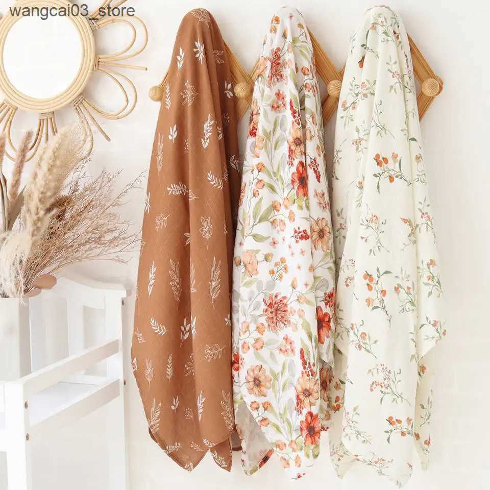 Blankets Swaddling Bamboo Cotton Baby Muslin Swaddle Warp 2 Layers New Born Swaddle Floral Muslin Diaper L240910
