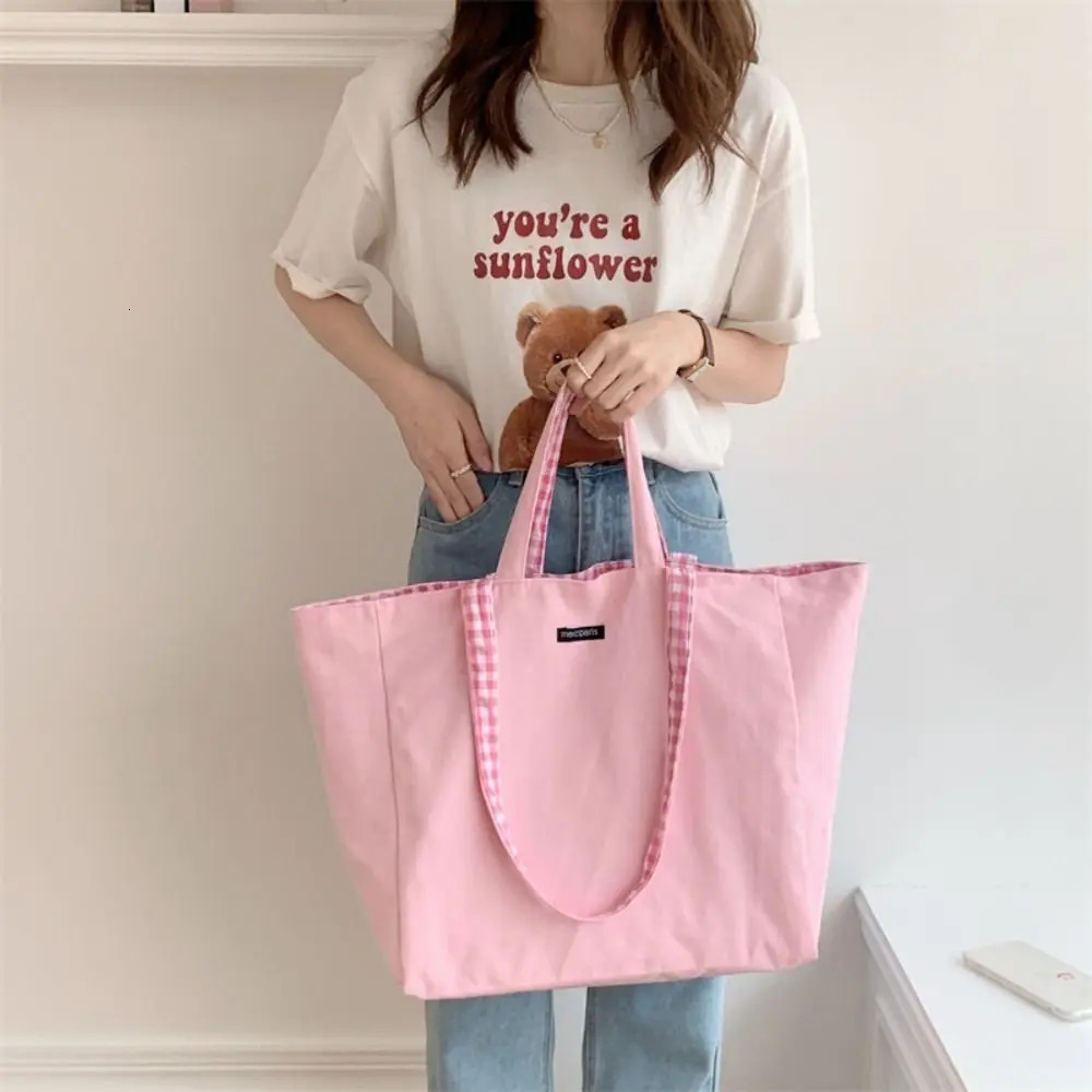 Korean style plain double-sided canvas bag office work handbag shoulder bag solid color vacation handbag large capacity womens handbag 241008