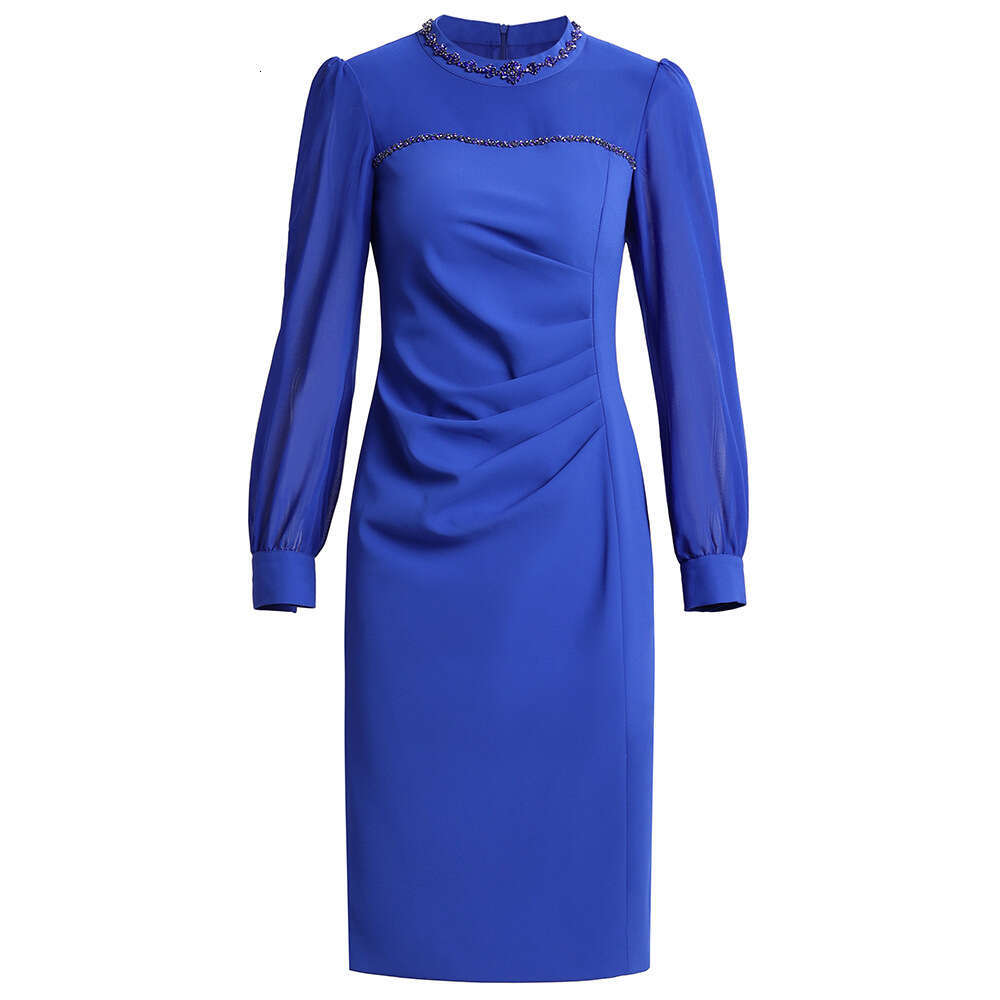 Red Dress Long Sleeve 2024 Autumn New Collection Exquisite Nail Bead Folded High Waist Look Slimming Bag Hip Skirt