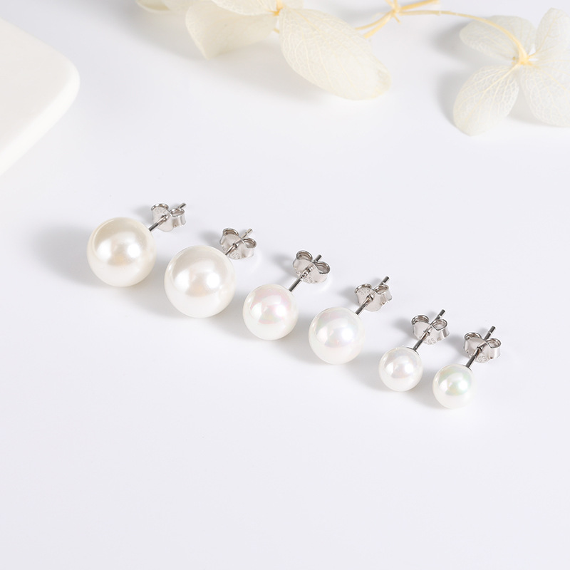 925 sterling silver women's Stud high quality pearl earrings 6mm 8mm 10mm 12mm white pearl Stud earrings