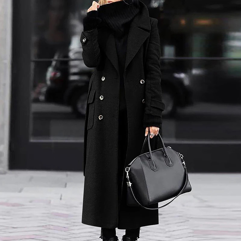 Temperament Lady Pocket Belt Trench Coat Fall Winter Solid Lapel Long Wool Fashion Warm Button Women Overcoat 240930