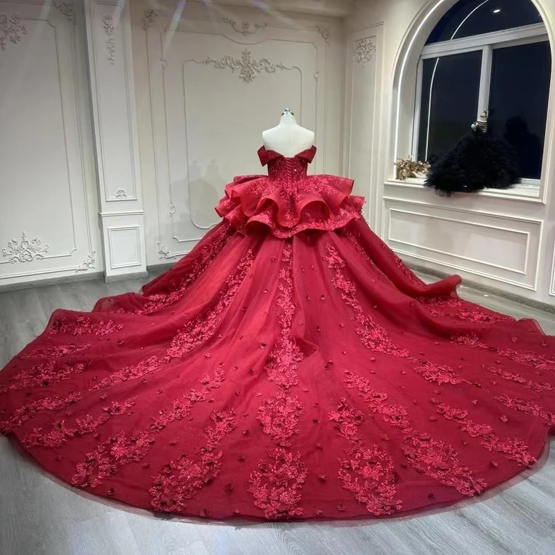 Red Shiny Off the Shoulder Ball Gown Quinceanera Dresses Corset Applique Lace Beaded Formal Lace Up Princess Sweet 16 Dress Vestidos 15 XV Anos