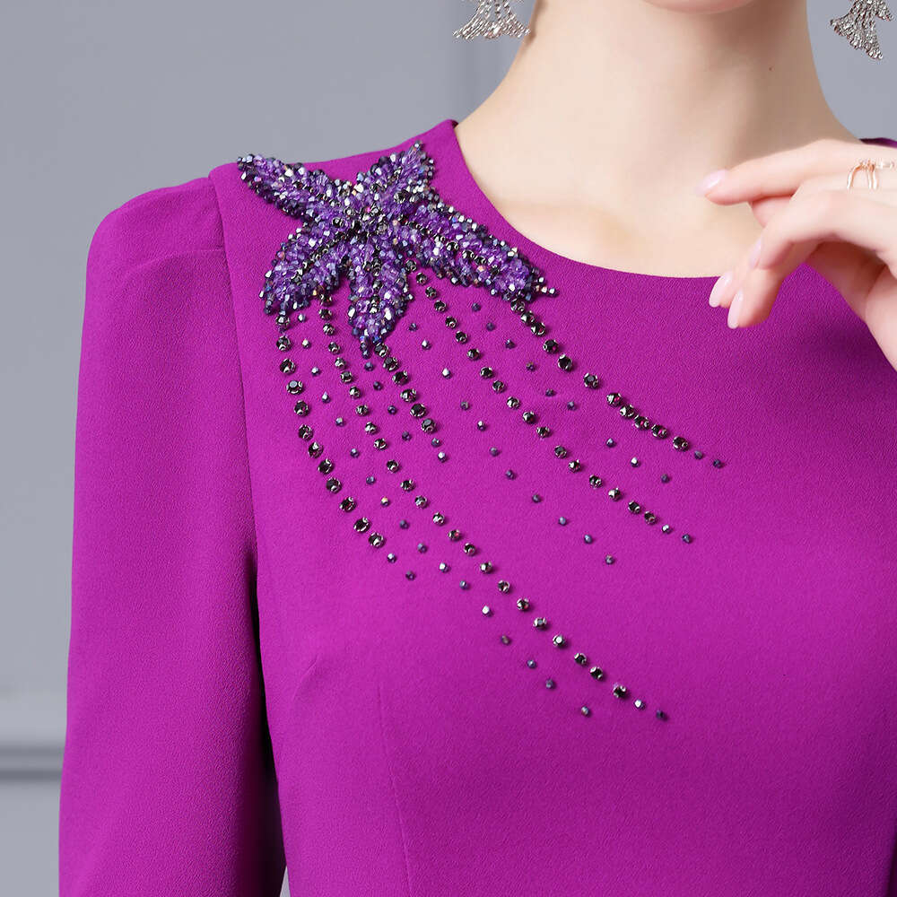 purple high-end luxury temperament bag hip skirt 2024 autumn new heavy industry nail bead high waist slimming dress