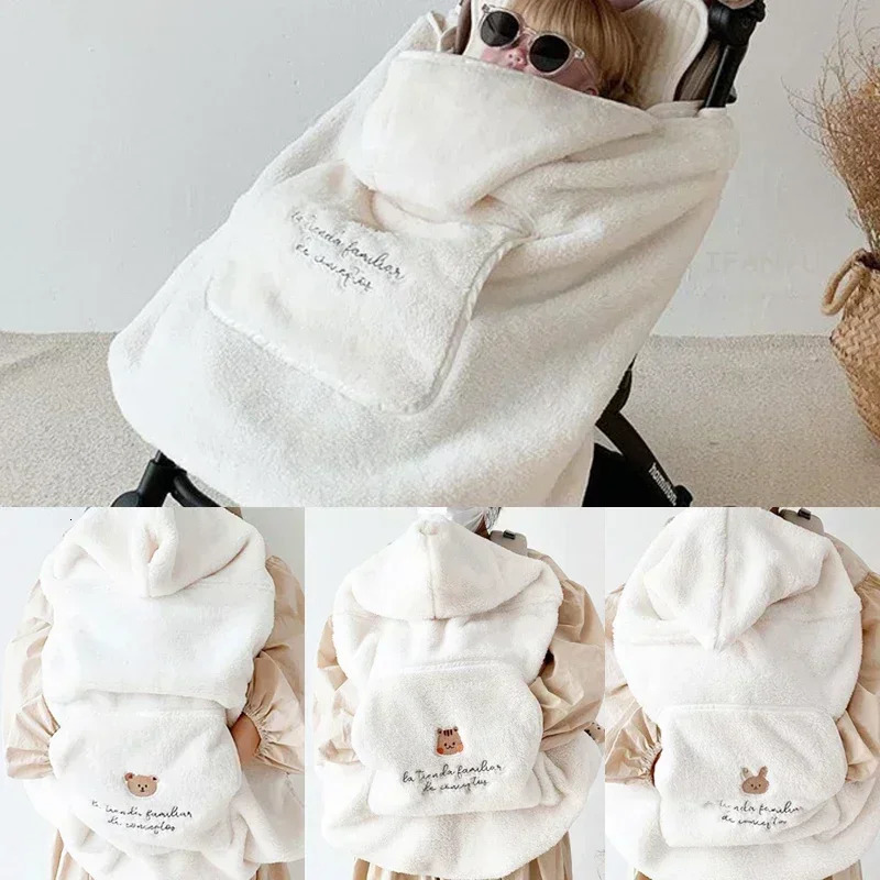 Coral fleece baby stroller cover embroidered bear rabbit winter windproof childrens blanket baby nap blanket warm bedding 240925