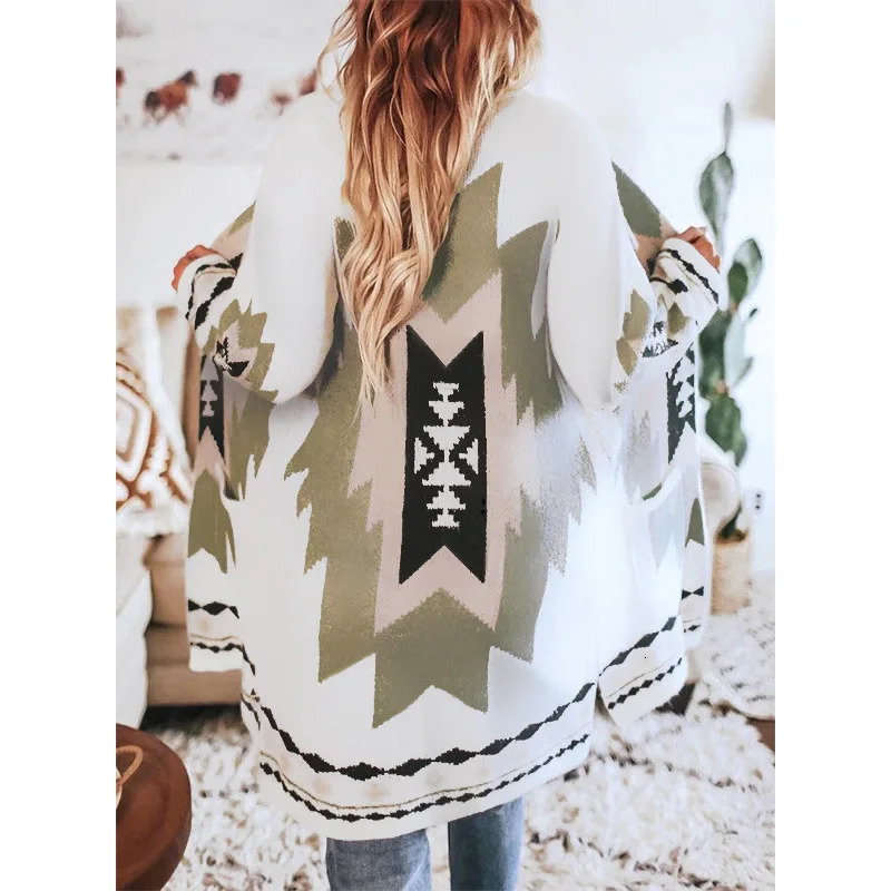 Womens retro ethnic casual printed wool jacket loose cardigan wool sweater with pockets office ladies chic and elegant fully matched jacket 241007