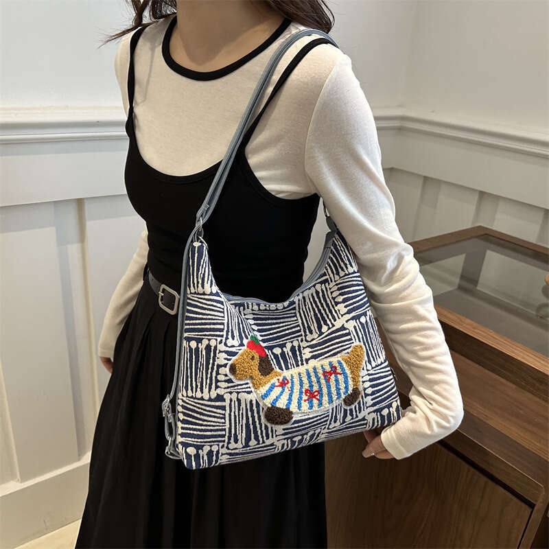 2024 autumn cute cartoon backpack with large capacity checkered canvas tote bag, single shoulder crossbody bag for women