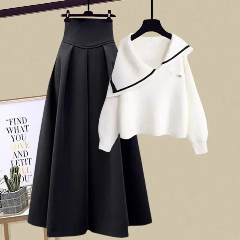 Autumn and winter knitted sweater womens Korean version semi open knitted sweater long half skirt two-piece set 241011