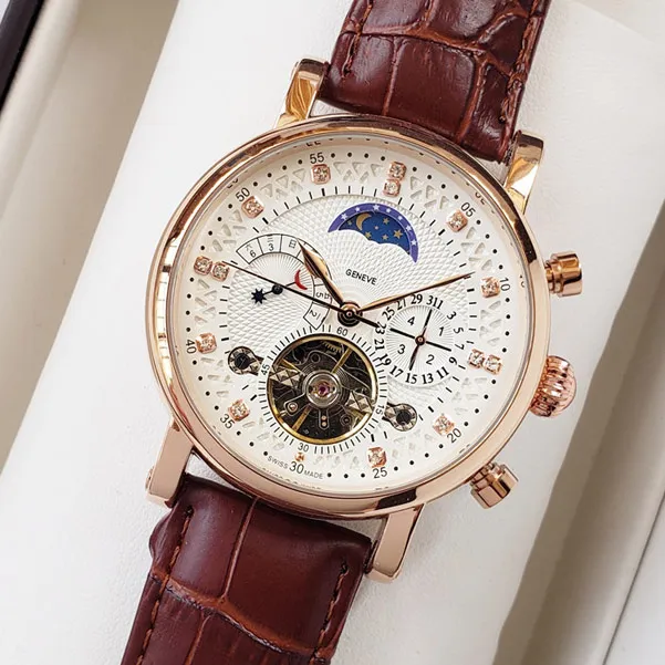 Luxury Men's Wristwatch 42mm with Diamond Accents - Genuine Leather Band, Mechanical Movement with DayDate & Moon Phase Features watches