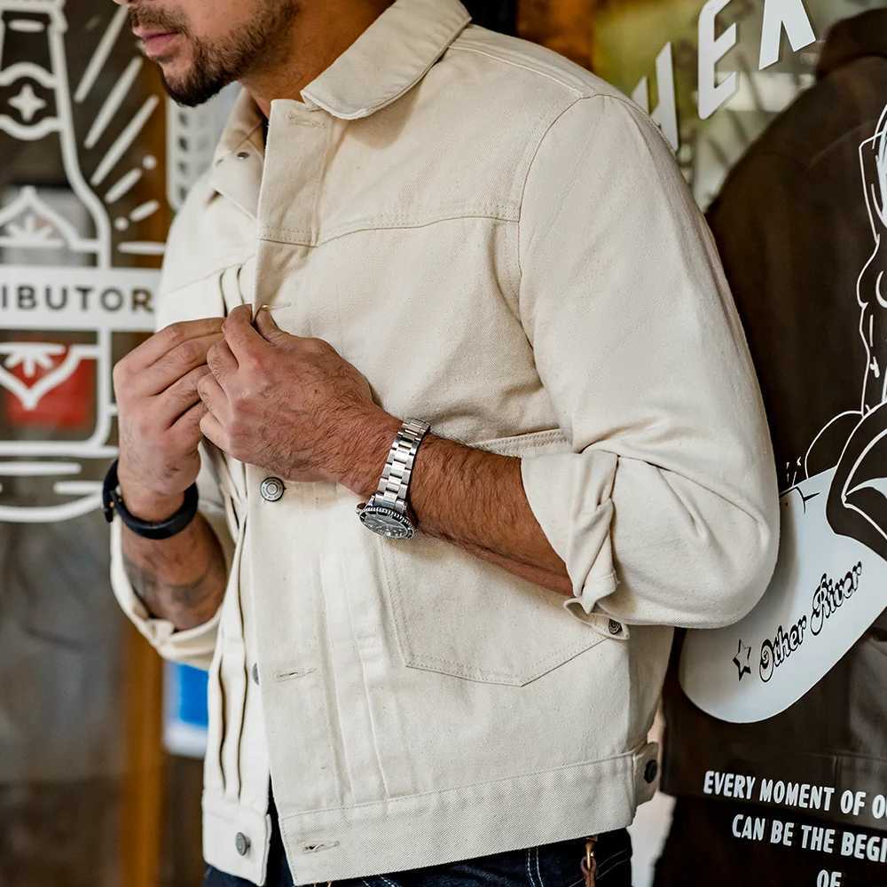 Maden retro white denim jacket mens cotton denim jacket ultra-thin fit jacket fashionable streetwear high-quality retro mens clothing W241011