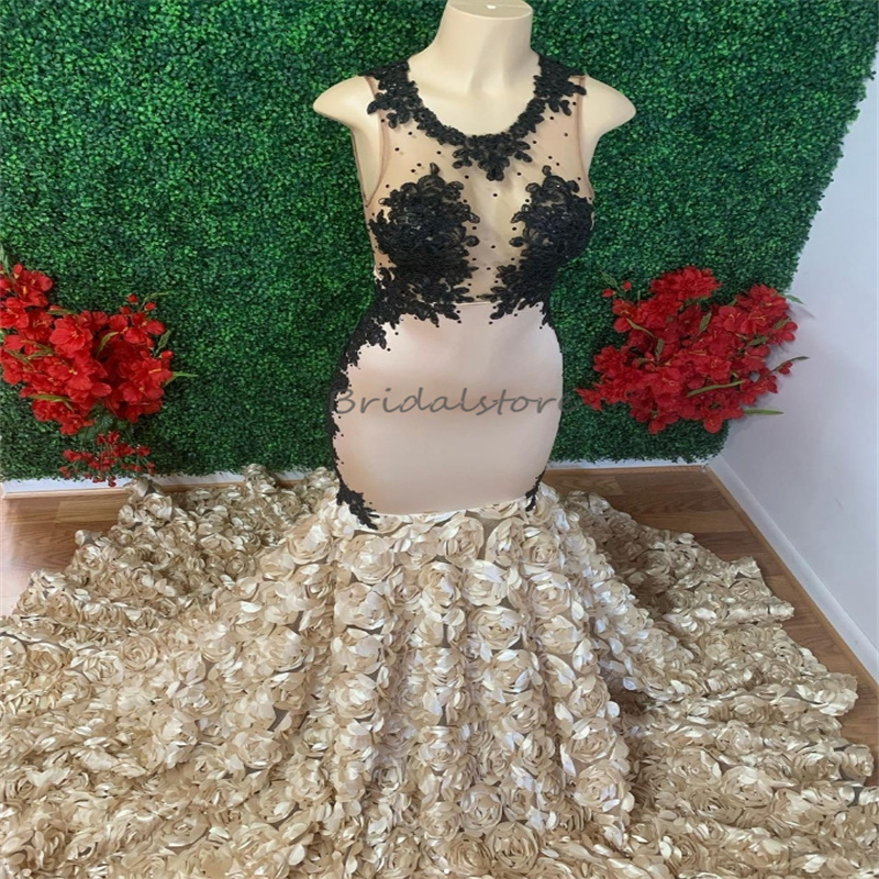 Vintage Champagne And Black Prom Dresses For Black Girls Floral Bottom Mermaid Evening Gowns Illusion Top African Open Back Formal Dress Stunning Birt