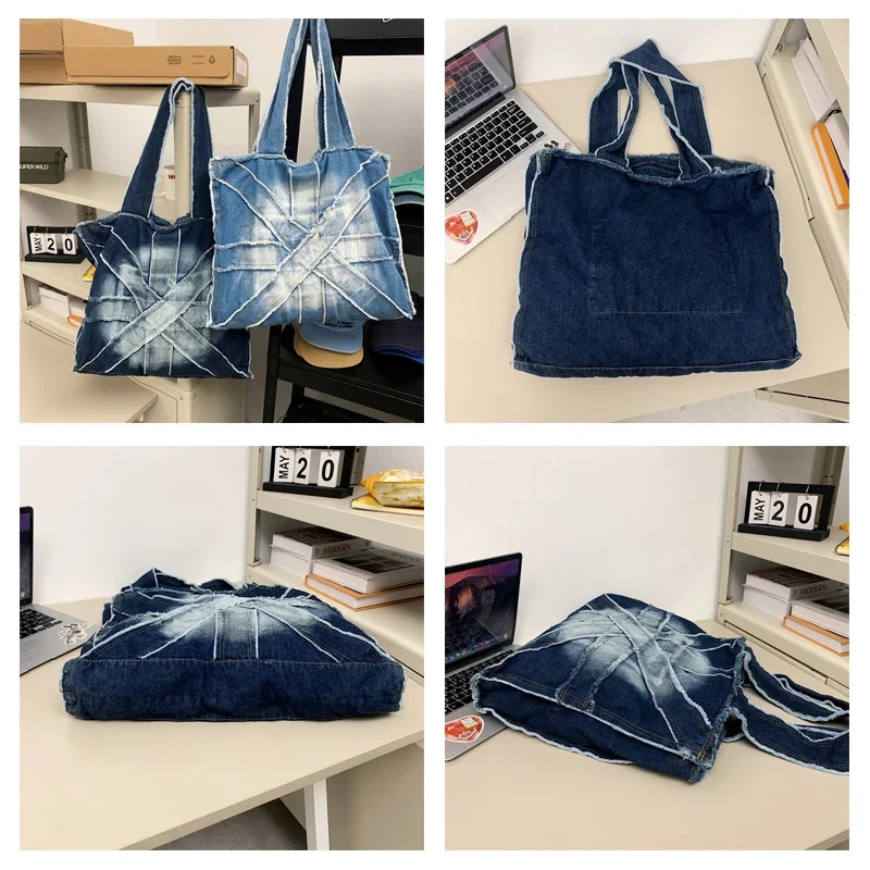 Lace dyed denim womens bag denim handbag large canvas shoulder bag shopping messenger bag Y2K ecological bag Korean handbag school 241008