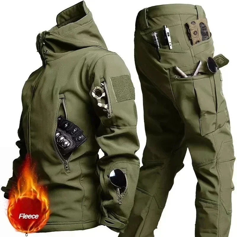 Tactical Winter Set Mens Outdoor Windproof and Waterproof Multi Pocket Soft Shell Hooded Jacket Shark Work Pants 241008
