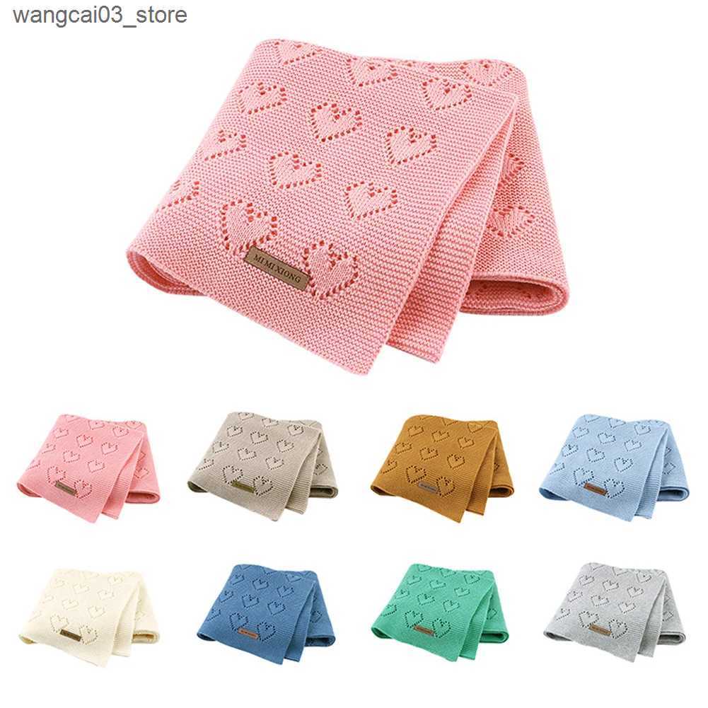 Blankets Swaddling New 100x80cm Solid Color Hollow Heart Knit Baby Blanket Bedding Quilt Swaddle Wrap L240910