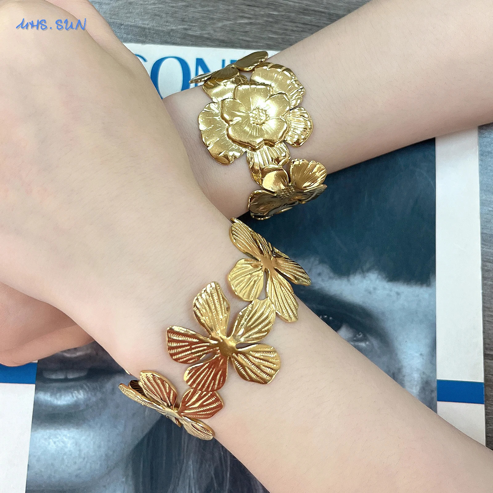 MHS. SUN elegant metal large flower wide opening bracelet suitable for women stainless steel gold-plated exquisite jewelry accessories 241007