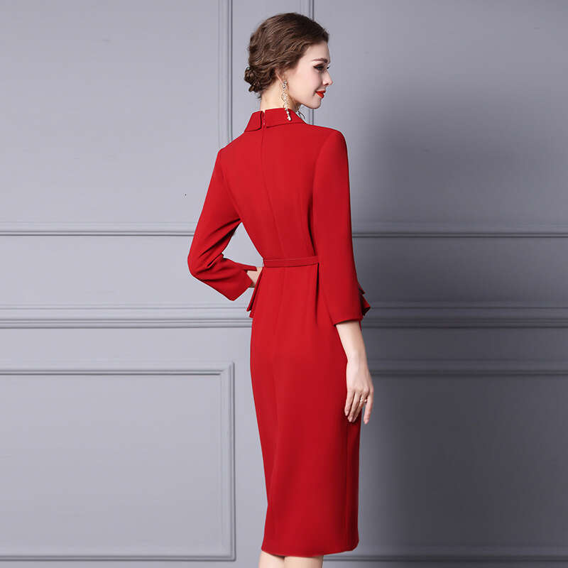 2024 new high-end atmospheric red ruffle edge nail diamond formal occasion dress